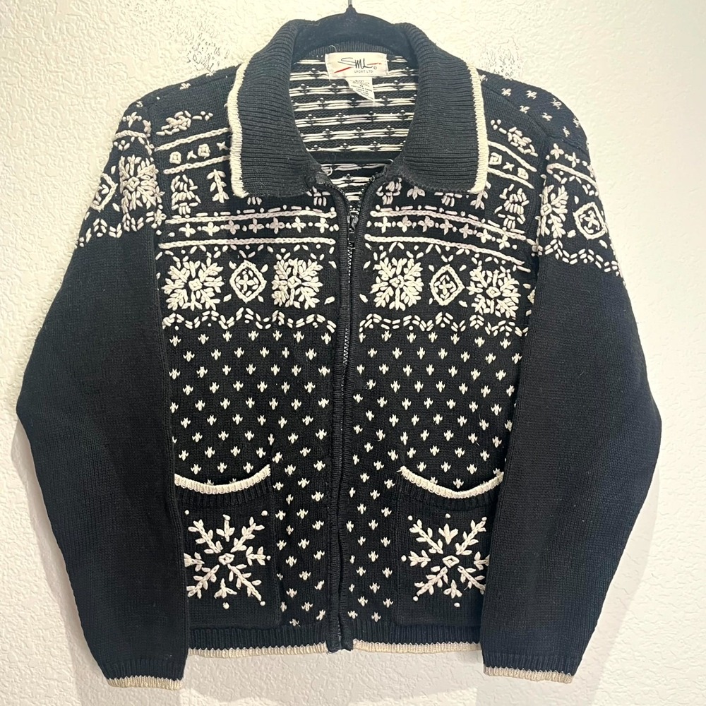 SML Sport Cardigan Sweater Womens Medium Black White Fair Isle Snowflake Zip‎ Up